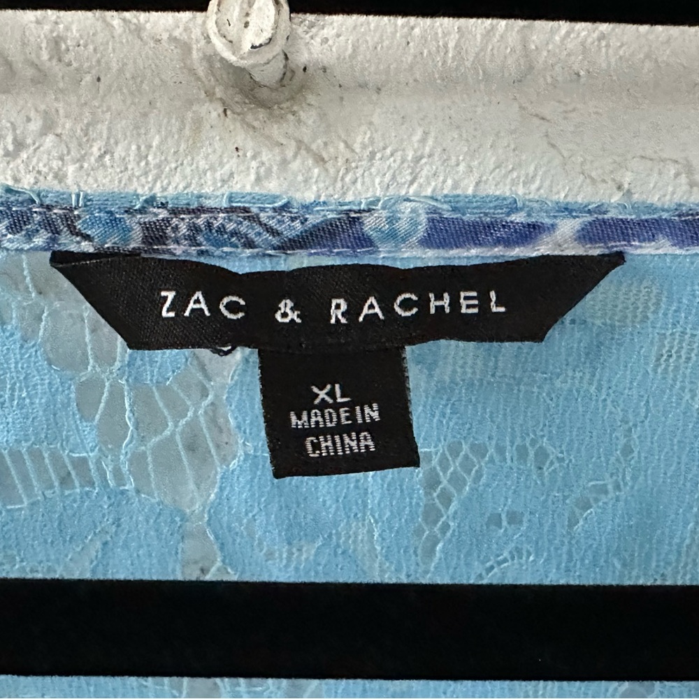 Zac & Rachel Blouse Tie Front Floral Lace Pullover Blue White XL - Picture 5 of 5